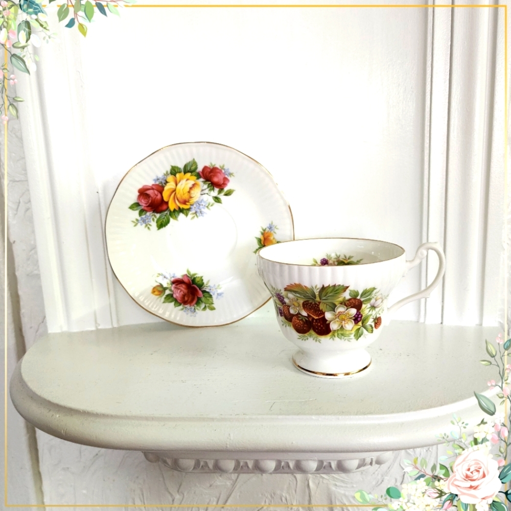 Royal Minster Pedestal Cup And Saucer - White With Red Strawberries - England